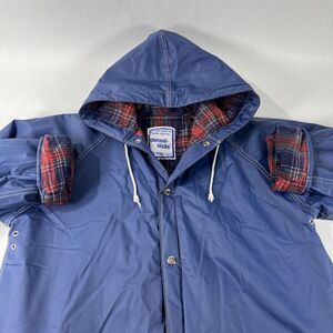 THERMAL SLICKS BY ESSEX‎ Blue POLYVINYL Water Proof Hooded Plaid Vintage Small